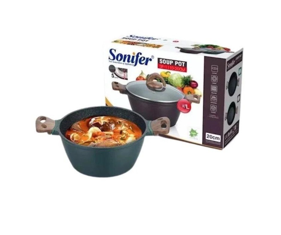  Mamite À SOUPE 24CM 4L REVÊTEMENT EN MARBRE AVEC POIGNÉES ET COUVERCLE EN BOIS SF-1110 (D9,45 X H3,54) POUCES